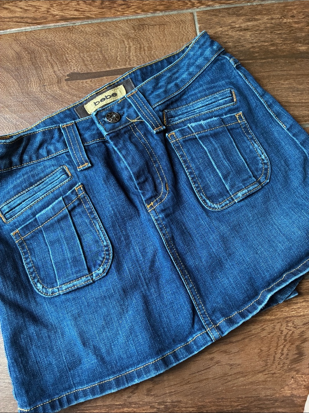bebe Dark Blue Denim Mini Skirt with Patch Pockets
